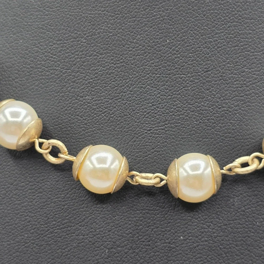 Anne Klein Gold Tone Faux Pearl Bead Cap Link Necklace with Lion Logo Charm